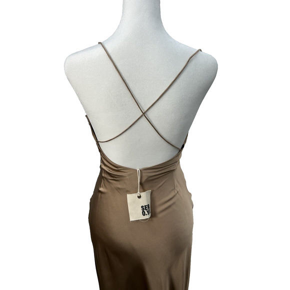 SER.O.YA Womens Size XS Emma Dress Brown Silk Ruched High Slit Strappy Back NWT - Picture 8 of 13